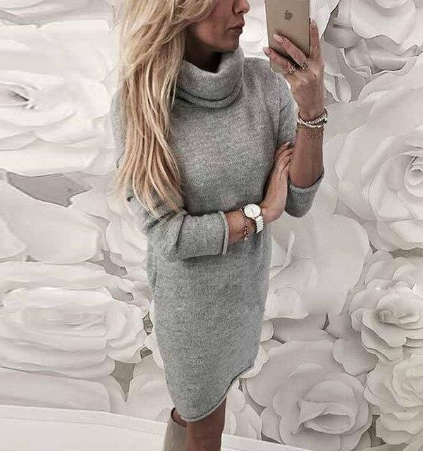 Fashion Casual Gray Yellow Loose Turtle Neck Women Elegant Women Dress Midi Dresses Long Sleeves Party Dress Club Dress - Takalr