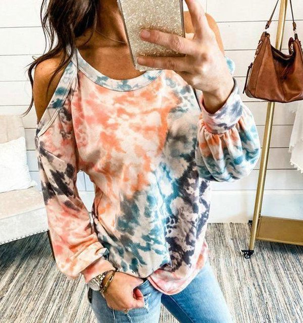 Fashion Casual Off Shoulder Halter Tie Dye Long Sleeve Women Blouse Sexy Off Shoulder Lantern Sleeve Women Tops - Takalr