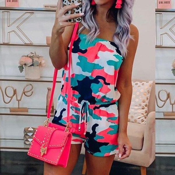 Fashion Casual Off Shoulder Sleeveless Tie Dye Elastic Waist Women Playsuit Sexy Women Ropmer Women Overalls - Takalr