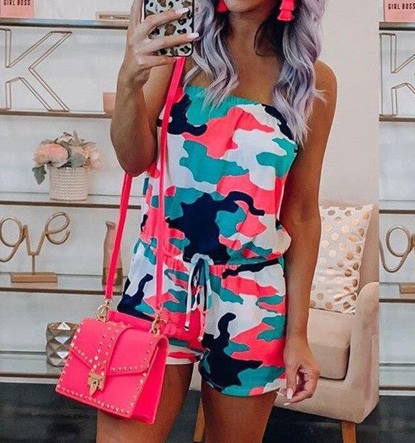 Fashion Casual Off Shoulder Sleeveless Tie Dye Elastic Waist Women Playsuit Sexy Women Ropmer Women Overalls - Takalr