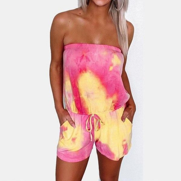 Fashion Casual Off Shoulder Sleeveless Tie Dye Elastic Waist Women Playsuit Sexy Women Ropmer Women Overalls - Takalr