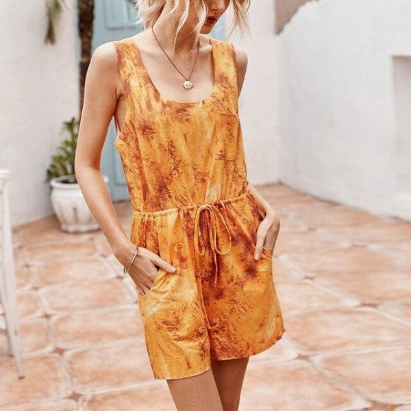 Fashion Casual Off Shoulder Sleeveless Tie Dye Elastic Waist Women Playsuit Sexy Women Ropmer Women Overalls Summer Clothing - Takalr