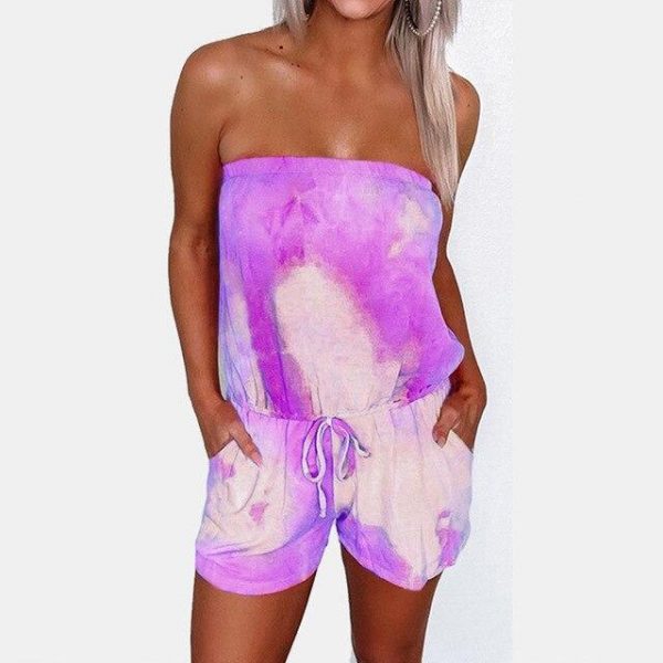 Fashion Casual Off Shoulder Sleeveless Tie Dye Elastic Waist Women Playsuit Sexy Women Ropmer Women Overalls - Takalr