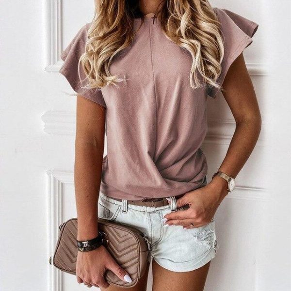 Fashion Casual Round Neck Solid Color Butterfly Sleeve Women Blouse Summer Short Sleeve Women Tops Office Wear Women - Takalr