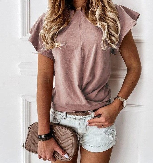 Fashion Casual Round Neck Solid Color Butterfly Sleeve Women Blouse Summer Short Sleeve Women Tops Office Wear Women - Takalr