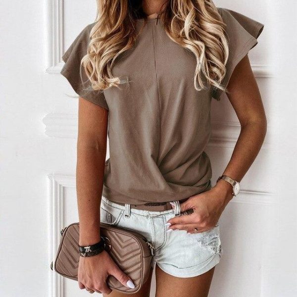 Fashion Casual Round Neck Solid Color Butterfly Sleeve Women Blouse Summer Short Sleeve Women Tops Office Wear Women - Takalr