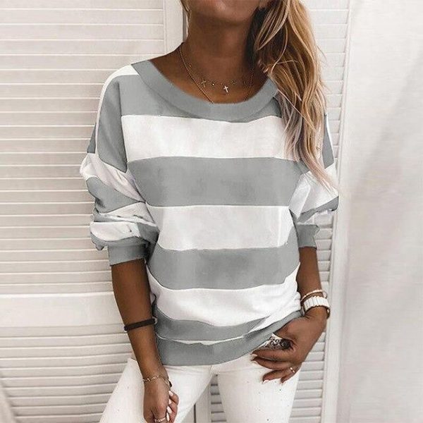 Fashion Casual Round Neck Striped Long Sleeve Women Pullovers Fall Clothing Women Long Sleeve Sweatshirt Women Hoodies - Takalr