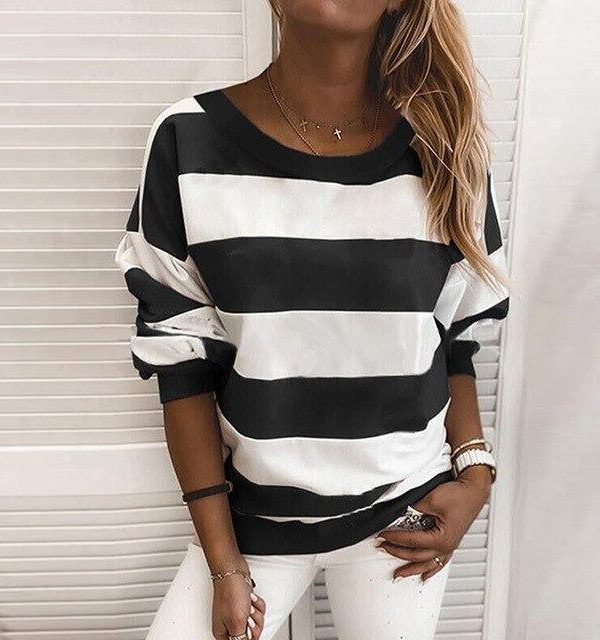 Fashion Casual Round Neck Striped Long Sleeve Women Pullovers Fall Clothing Women Long Sleeve Sweatshirt Women Hoodies - Takalr