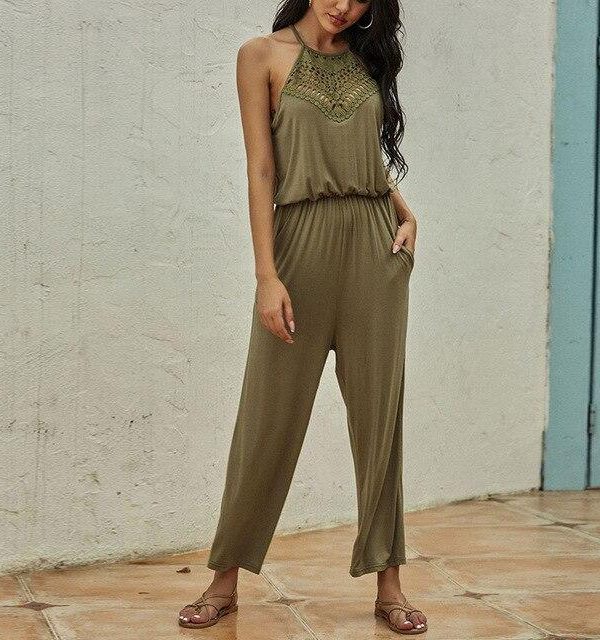 Fashion Casual Solid Color Halter Hollow Out Sleeveless Women Jumpsuit Summer Sleeveless Women Overalls Sexy Jumpsuit - Takalr