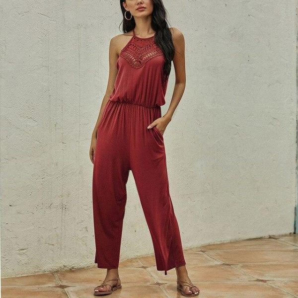 Fashion Casual Solid Color Halter Hollow Out Sleeveless Women Jumpsuit Summer Sleeveless Women Overalls Sexy Jumpsuit - Takalr