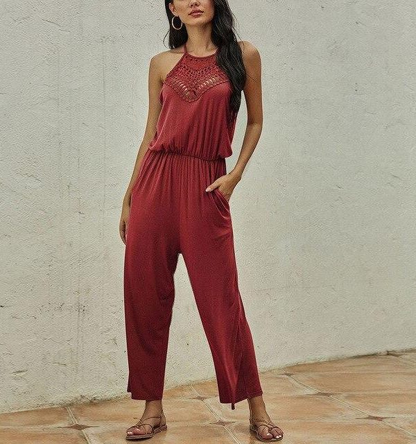 Fashion Casual Solid Color Halter Hollow Out Sleeveless Women Jumpsuit Summer Sleeveless Women Overalls Sexy Jumpsuit - Takalr