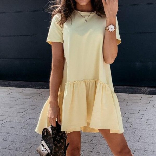 Fashion Casual Solid Color Round Neck Fuffled Short Sleeve Women Dress Casual Short Sleeve Women Dress Summer Dress Women - Takalr