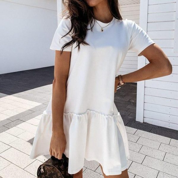 Fashion Casual Solid Color Round Neck Fuffled Short Sleeve Women Dress Casual Short Sleeve Women Dress Summer Dress Women - Takalr