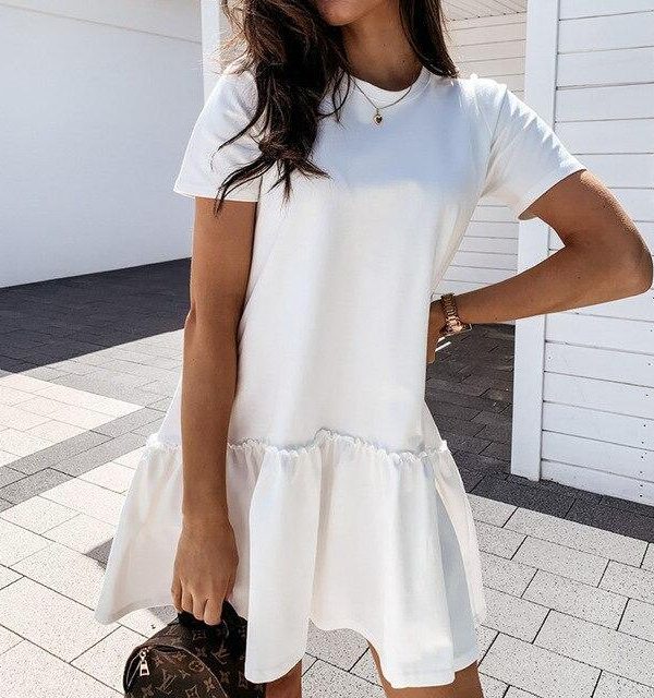 Fashion Casual Solid Color Round Neck Fuffled Short Sleeve Women Dress Casual Short Sleeve Women Dress Summer Dress Women - Takalr