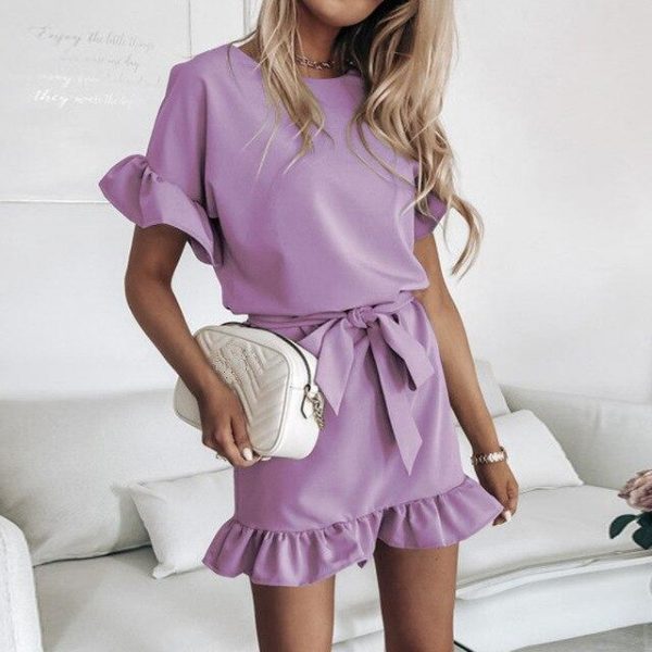 Fashion Casual Solid Color Round Neck Fuffled Short Sleeve lace up Women Dress Casual Short Sleeve Women Dress Summer Dress - Takalr