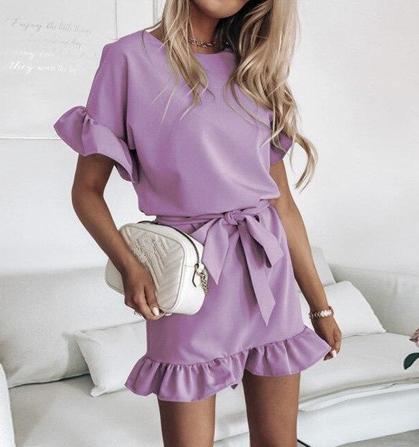 Fashion Casual Solid Color Round Neck Fuffled Short Sleeve lace up Women Dress Casual Short Sleeve Women Dress Summer Dress - Takalr