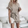 Fashion Casual Solid Color Round Neck Fuffled Short Sleeve lace up Women Dress Casual Short Sleeve Women Dress Summer Dress - Takalr