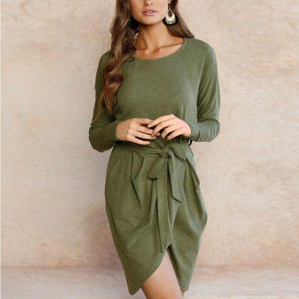 Fashion Casual Solid Color Round Neck Lace Up Long Sleeve Women Dress Casual Long Sleeve Women Dress Fall Clothing Women - Takalr