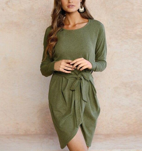 Fashion Casual Solid Color Round Neck Lace Up Long Sleeve Women Dress Casual Long Sleeve Women Dress Fall Clothing Women - Takalr