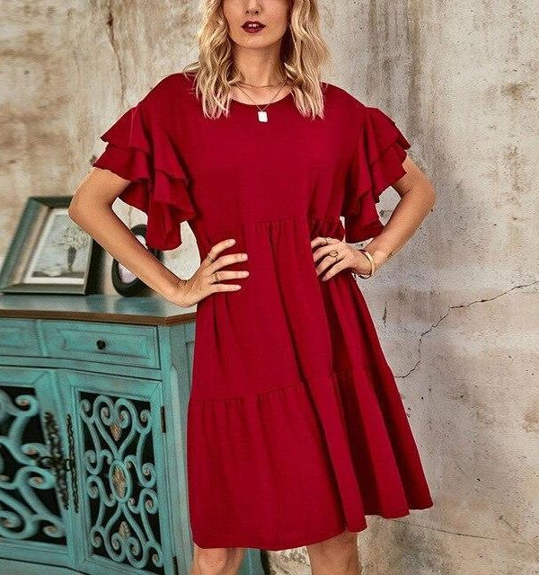 Fashion Casual Solid Color Round Neck Ruffled Butterfly Sleeve Women Dress Summer Dress Loose Mini Dress Women - Takalr