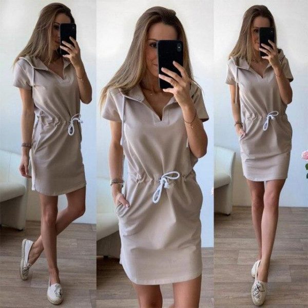 Fashion Casual Solid Color Short Sleeve Elastic Waist Lace Up  Women Hooded Dress Summer Dress Women Shirt Dress - Takalr