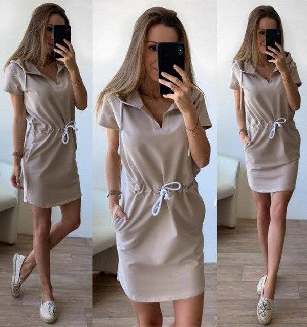 Fashion Casual Solid Color Short Sleeve Elastic Waist Lace Up  Women Hooded Dress Summer Dress Women Shirt Dress - Takalr