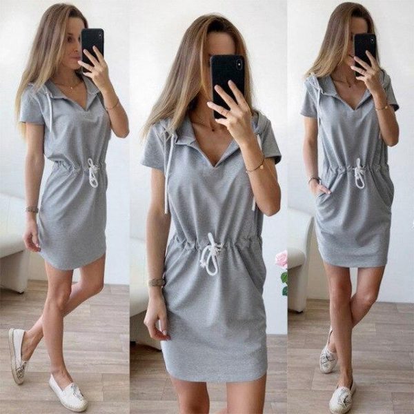 Fashion Casual Solid Color Short Sleeve Elastic Waist Lace Up  Women Hooded Dress Summer Dress Women Shirt Dress - Takalr