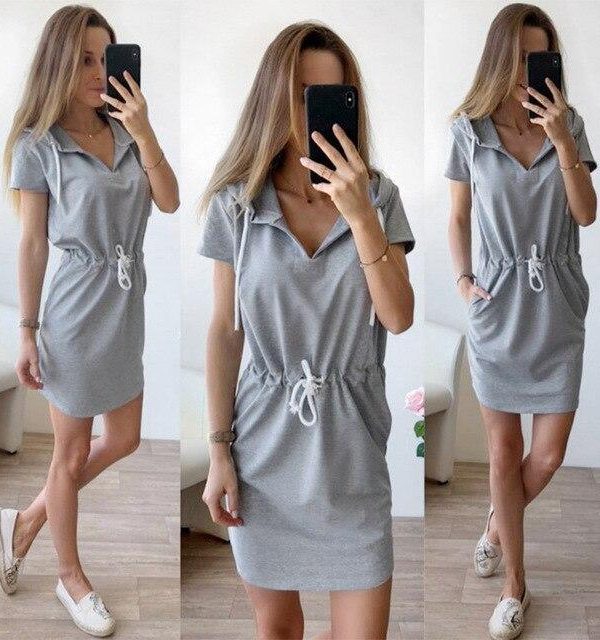 Fashion Casual Solid Color Short Sleeve Elastic Waist Lace Up  Women Hooded Dress Summer Dress Women Shirt Dress - Takalr