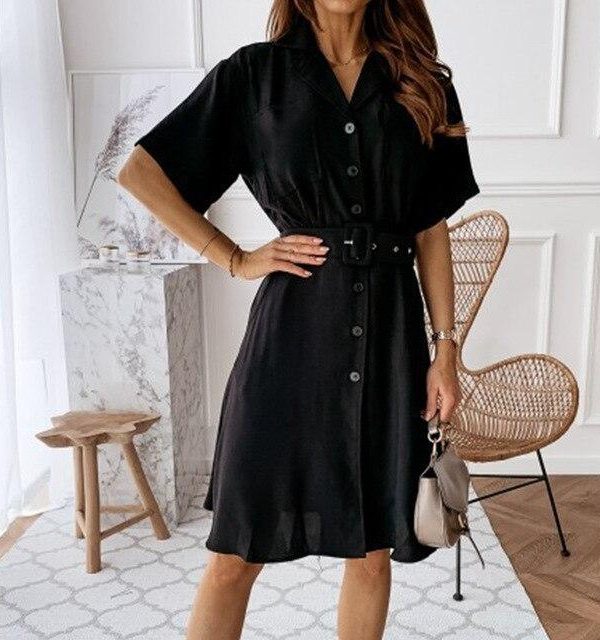 Fashion Casual Solid Color Turn Down Collar Button Short Sleeve Slim Women Mini Dress Casual Women Office Wear Women Shirt Dress - Takalr