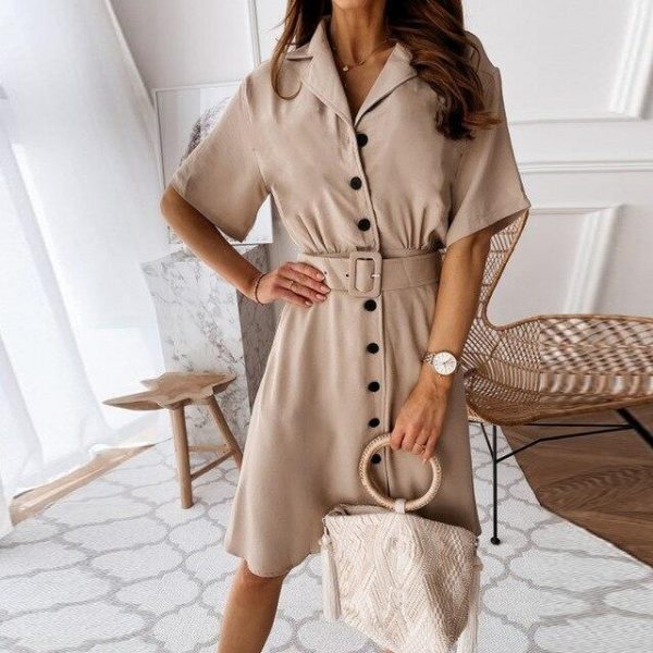 Fashion Casual Solid Color Turn Down Collar Button Short Sleeve Slim Women Mini Dress Casual Women Office Wear Women Shirt Dress - Takalr