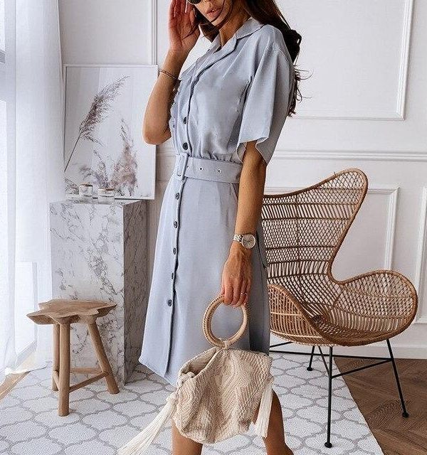 Fashion Casual Solid Color Turn Down Collar Button Short Sleeve Slim Women Mini Dress Casual Women Office Wear Women Shirt Dress - Takalr