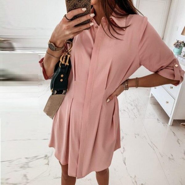 Fashion Casual Solid Color Turn Down Collar Three Quarter Slim Women Mini Dress Casual Women Office Wear Women Dress - Takalr