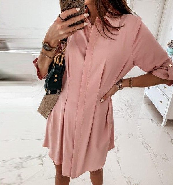 Fashion Casual Solid Color Turn Down Collar Three Quarter Slim Women Mini Dress Casual Women Office Wear Women Dress - Takalr