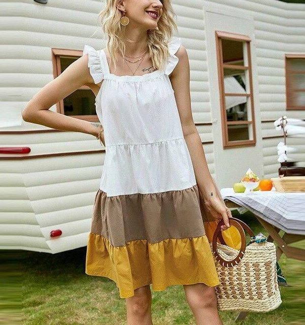 Fashion Casual Square Collar Ruffled Sleeveless Patchwork Loose Women Mini Dress Summer Dress Women - Takalr