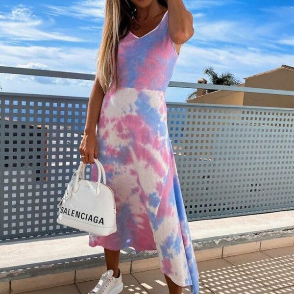 Fashion Casual Summer Sleeveless Tie Dye High Split Slim Women Dress Casual Women Summer Dress Sexy Women Dress Summer - Takalr