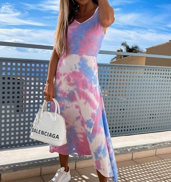 Fashion Casual Summer Sleeveless Tie Dye High Split Slim Women Dress Casual Women Summer Dress Sexy Women Dress Summer - Takalr