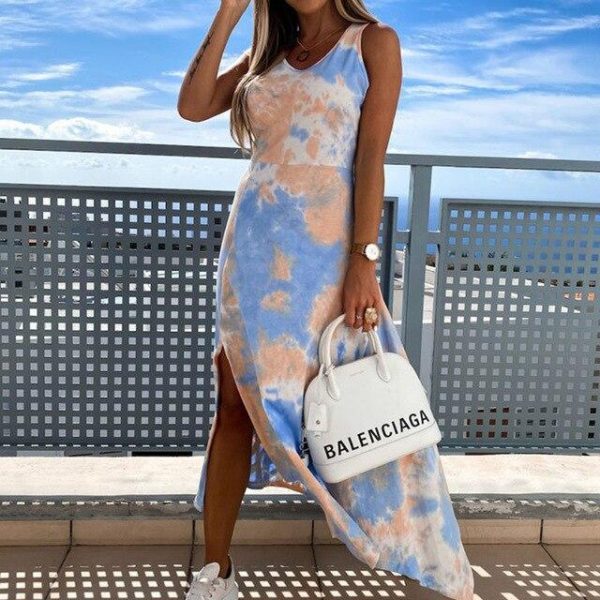 Fashion Casual Summer Sleeveless Tie Dye High Split Slim Women Dress Casual Women Summer Dress Sexy Women Dress Summer - Takalr