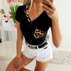 Fashion Leopard Patchwork Black and White V Neck Women Blouse  Short Sleeve Women Blouse Casual Tops and Shirt Summer Tops - Takalr