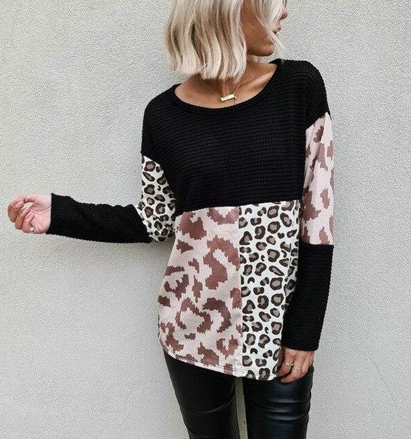 Fashion Long Sleeve Women Round Neck Leopard Patchwork Long Sleeve Women Blouse Fall Clothing Women Tops and Shirt - Takalr