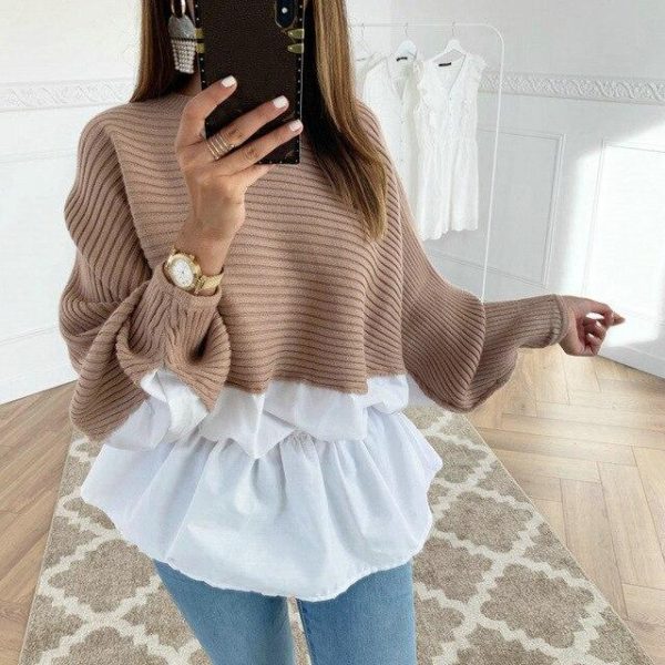 Fashion Long Sleeve Women Tops and Shirt Casual Round Neck Khaki Patchwork Ruffled Eastic Waist Women Tshirt - Takalr