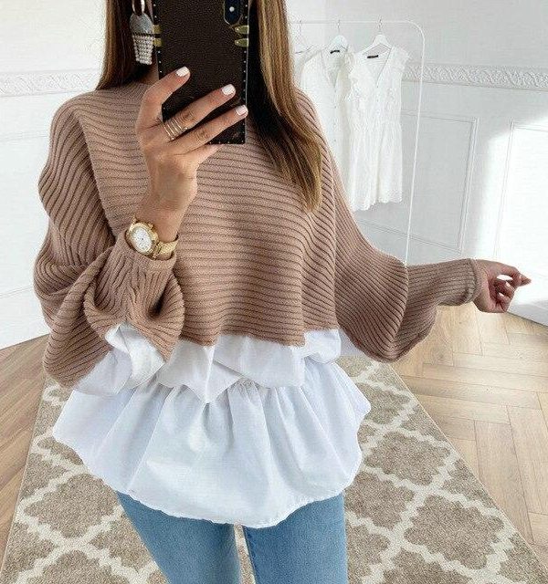 Fashion Long Sleeve Women Tops and Shirt Casual Round Neck Khaki Patchwork Ruffled Eastic Waist Women Tshirt - Takalr