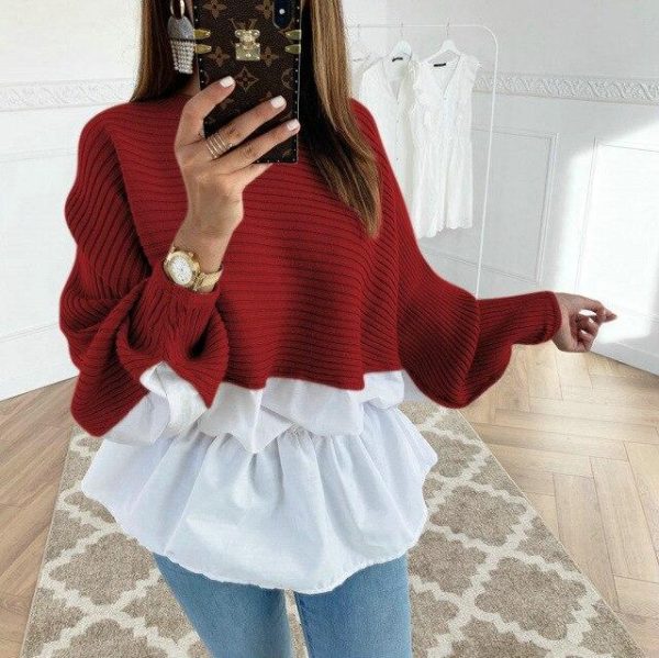 Fashion Long Sleeve Women Tops and Shirt Casual Round Neck Khaki Patchwork Ruffled Eastic Waist Women Tshirt - Takalr