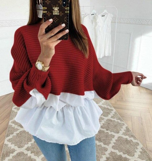 Fashion Long Sleeve Women Tops and Shirt Casual Round Neck Khaki Patchwork Ruffled Eastic Waist Women Tshirt - Takalr