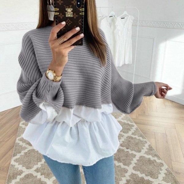 Fashion Long Sleeve Women Tops and Shirt Casual Round Neck Khaki Patchwork Ruffled Eastic Waist Women Tshirt - Takalr