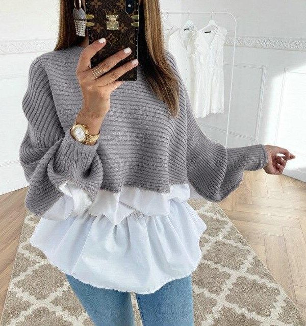 Fashion Long Sleeve Women Tops and Shirt Casual Round Neck Khaki Patchwork Ruffled Eastic Waist Women Tshirt - Takalr