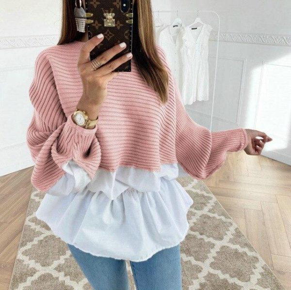 Fashion Long Sleeve Women Tops and Shirt Casual Round Neck Khaki Patchwork Ruffled Eastic Waist Women Tshirt - Takalr