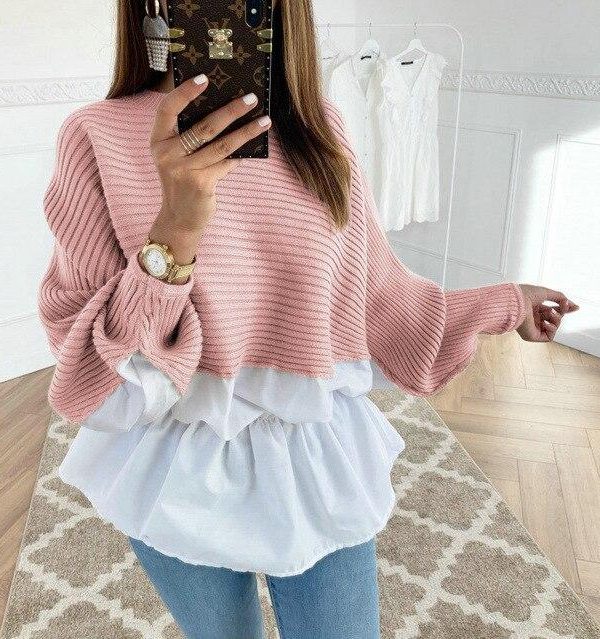 Fashion Long Sleeve Women Tops and Shirt Casual Round Neck Khaki Patchwork Ruffled Eastic Waist Women Tshirt - Takalr