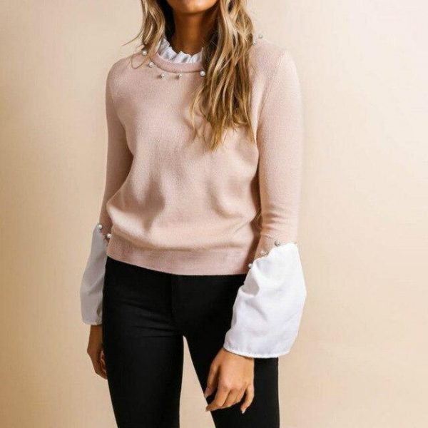 Fashion Long Sleeve Women Tops and Shirt Fall Clothing Sweetwear Casual Round Neck Beading Patchwork Flare Sleeve Women Blouse - Takalr