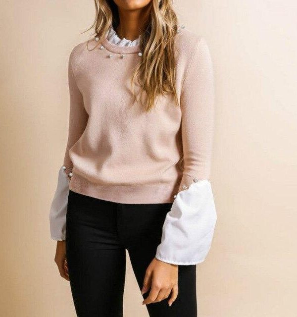 Fashion Long Sleeve Women Tops and Shirt Fall Clothing Sweetwear Casual Round Neck Beading Patchwork Flare Sleeve Women Blouse - Takalr