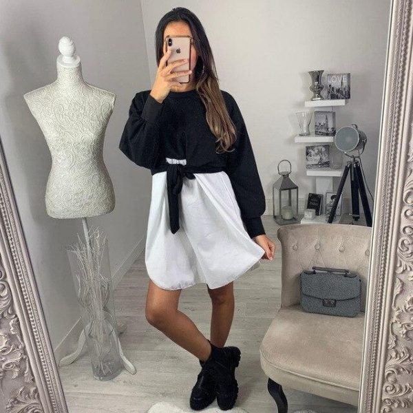 Fashion Round Neck Bow Bandage Patchwork  Long Sleeve Bandage Dress Casual Long Sleeve Women Shirt Dres  Shirt Dress Women - Takalr